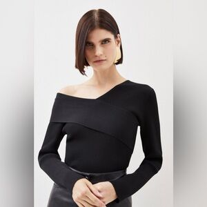 Karen Mullen Rib Knit Asymmetric Detail Off-Shoulder Top Black Size XS